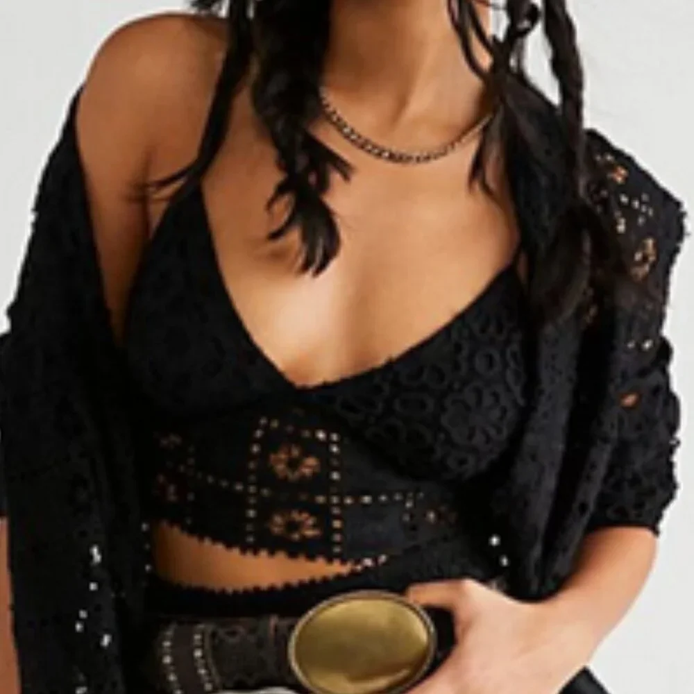 Free People FP One Yesenia Bralette Smocked Black Crop Top S 6